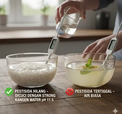Perbandingan hasil cuci beras bebas pestisida dengan Strong Kangen Water pH 11.5