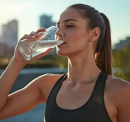 Seorang Wanita Sedang Minum Air Alkali Untuk Hidrasi Maksimal Sel Tubuh
