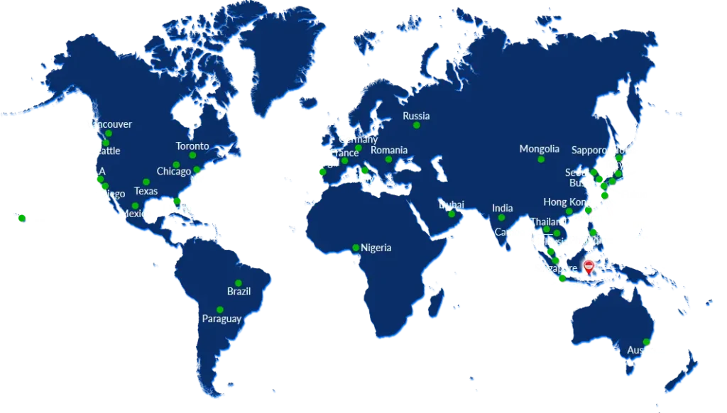 Peta sebaran kantor cabang resmi Enagic di 29 negara dan 44 lokasi seluruh dunia, menunjukkan jaringan distribusi global Kangen Water.