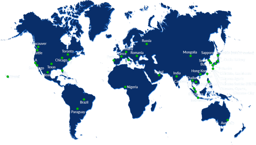 Peta lokasi kantor pusat Enagic Global di 29 negara dan 44 lokasi seluruh dunia.