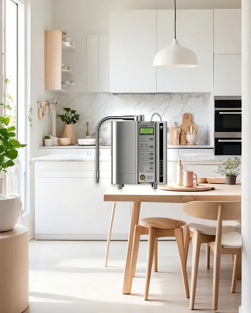 Mesin Kangen Water Leveluk SD501 Platinum desain elegan warna silver dengan 7 pelat titanium untuk dapur modern