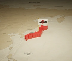 Peta lokasi kantor pusat Enagic di Tokyo, pabrik perangkat medis di Osaka, dan lokasi pendirian di Okinawa, Jepang.