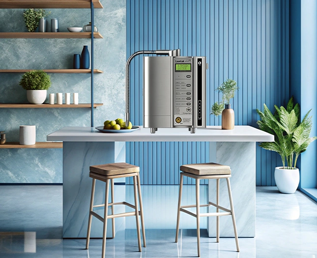 Mesin Air Alkali Leveluk Sd501 Platinum Dari Enagic Indonesia Dengan Desain Metalik Elegan Dan 7 Pelat Platinum.