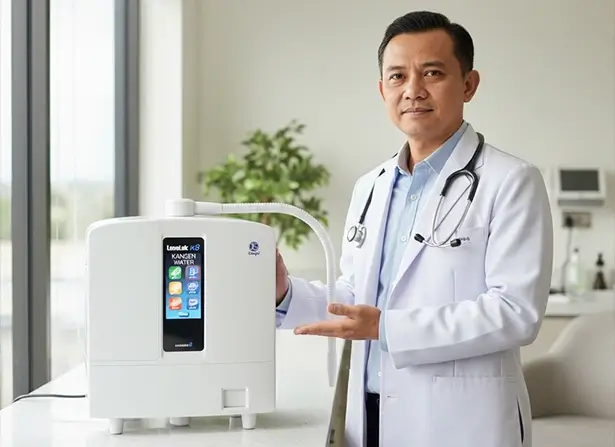 Seorang Dokter Spesialis Sedang Mendemonstrasikan Fitur Layar Sentuh Dan 8 Pelat Titanium Pada Mesin Enagic Leveluk K8.