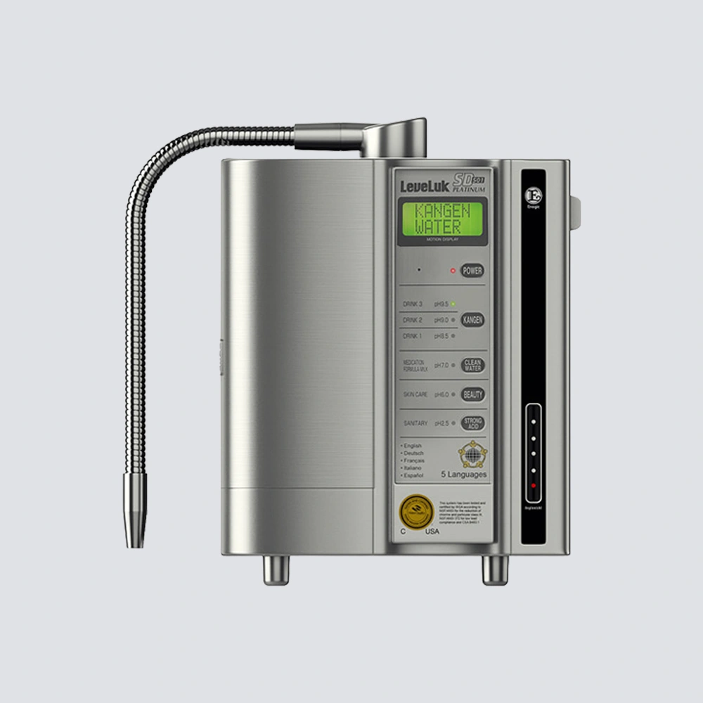Mesin Kangen Water Enagic Leveluk Sd501 Platinum Desain Modern Warna Perak Metalik Dengan 7 Pelat Elektroda Titanium.