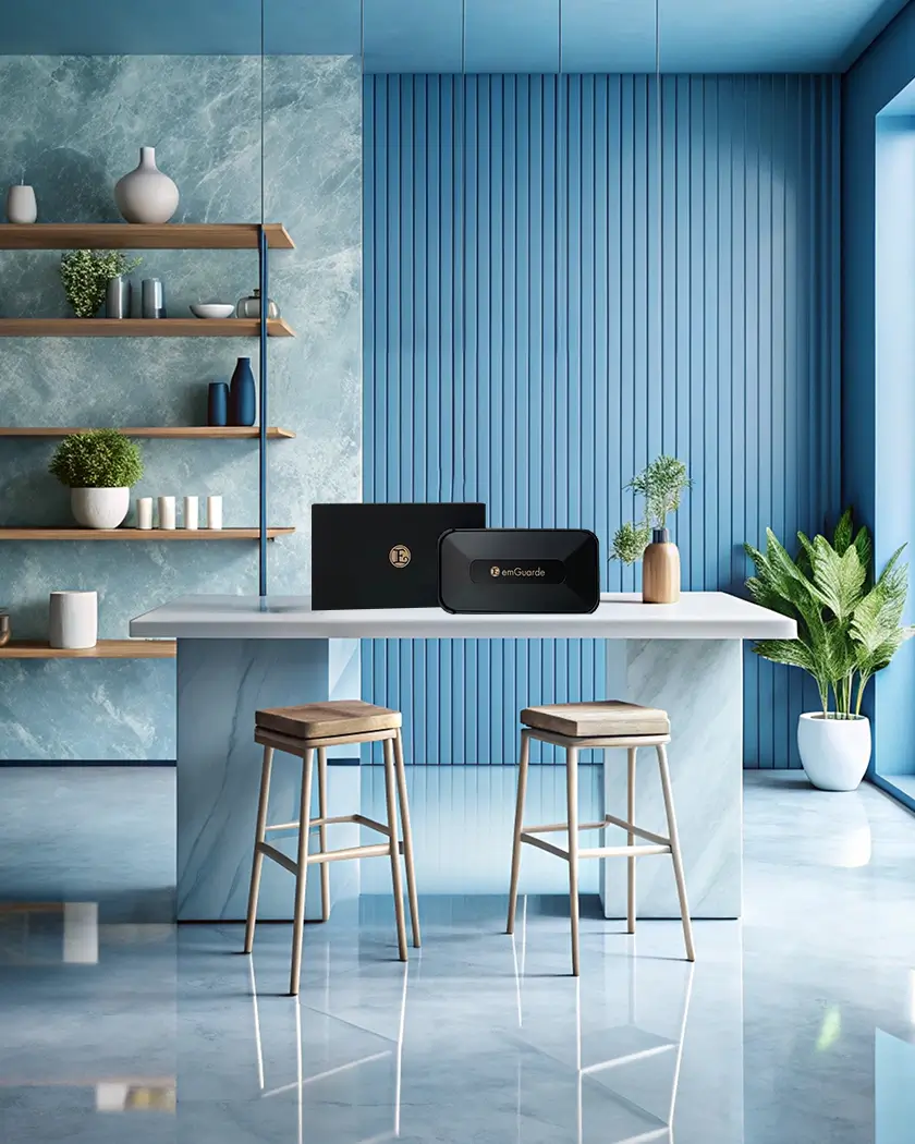 emGuarde produk Enagic untuk perlindungan rumah dari radiasi elektromagnetik (EMF) berbahaya.