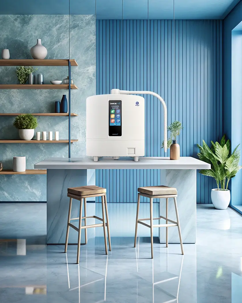 Mesin Kangen Water tipe K8 produk Enagic Indonesia dengan 8 pelat titanium antioksidan tinggi.