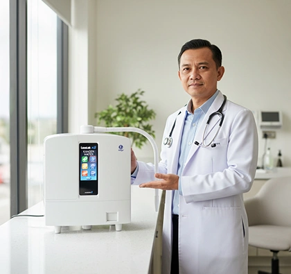 Seorang Dokter Pria Berpakaian Jas Putih Memegang Dan Menunjukkan Mesin Ionisasi Air Alkali Kangen Water Model Leveluk K8 Di Dalam Ruangan Klinik Atau Rumah Sakit.